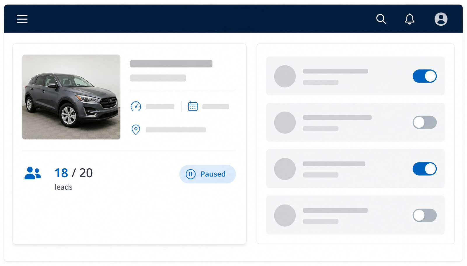SmartPublisher Lead Pausing settings showing a vehicle listing paused on selected advertising destinations once its lead threshold is reached