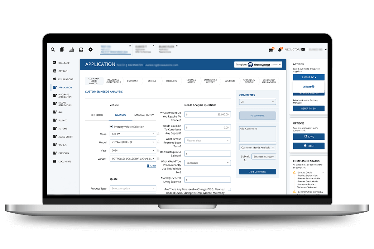 FinanceConnect platform showing connected finance and insurance applications