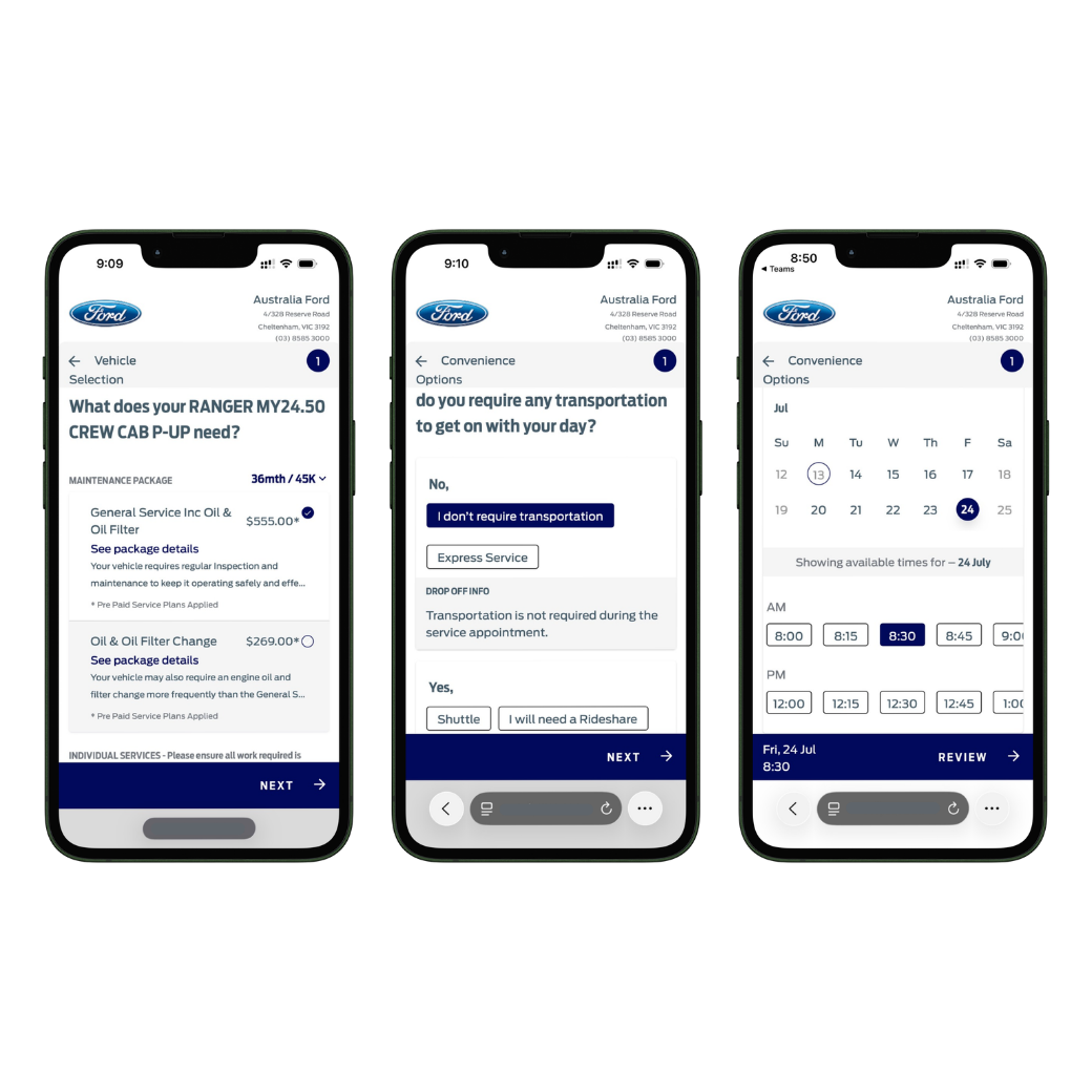 ServiceIQ online service booking journey shown on three phones: service selection, transport options and time slots