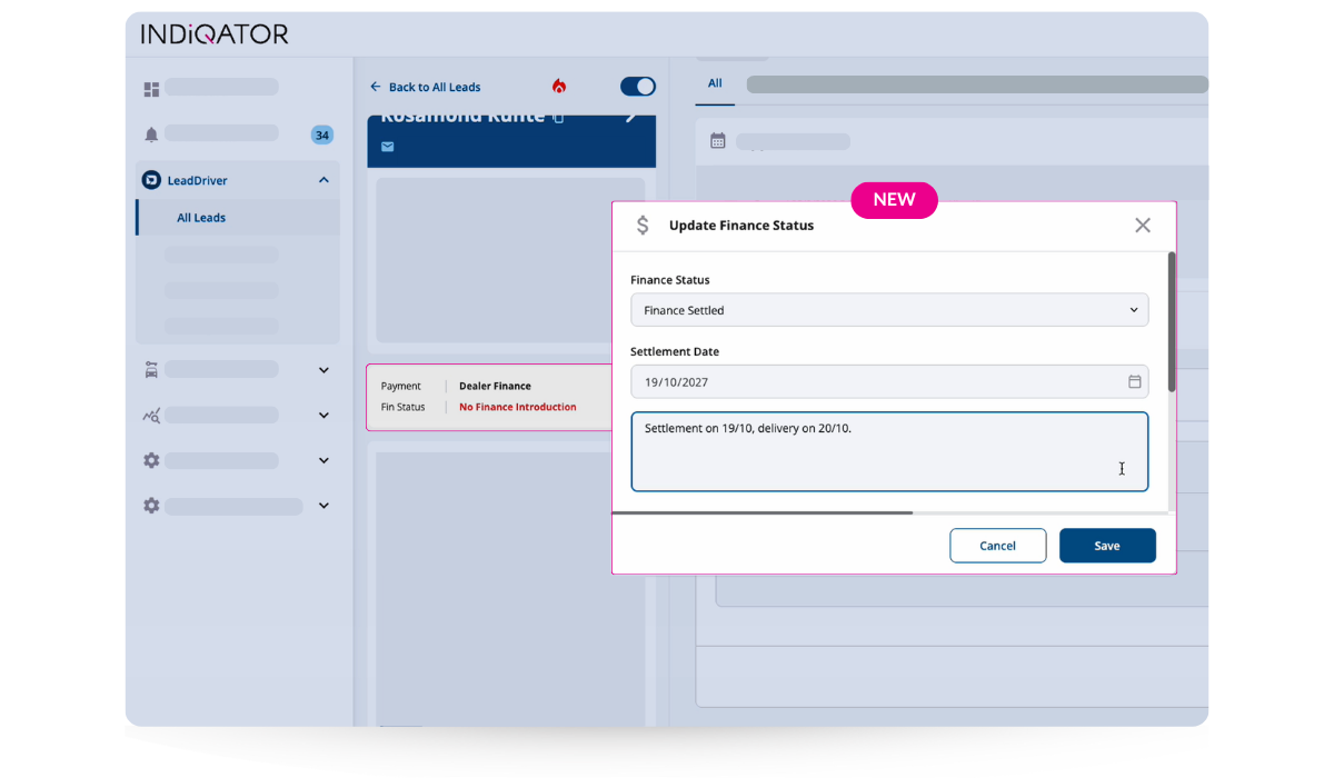 LeadDriver lead showing the Update Finance Status window with Finance Settled and a settlement date