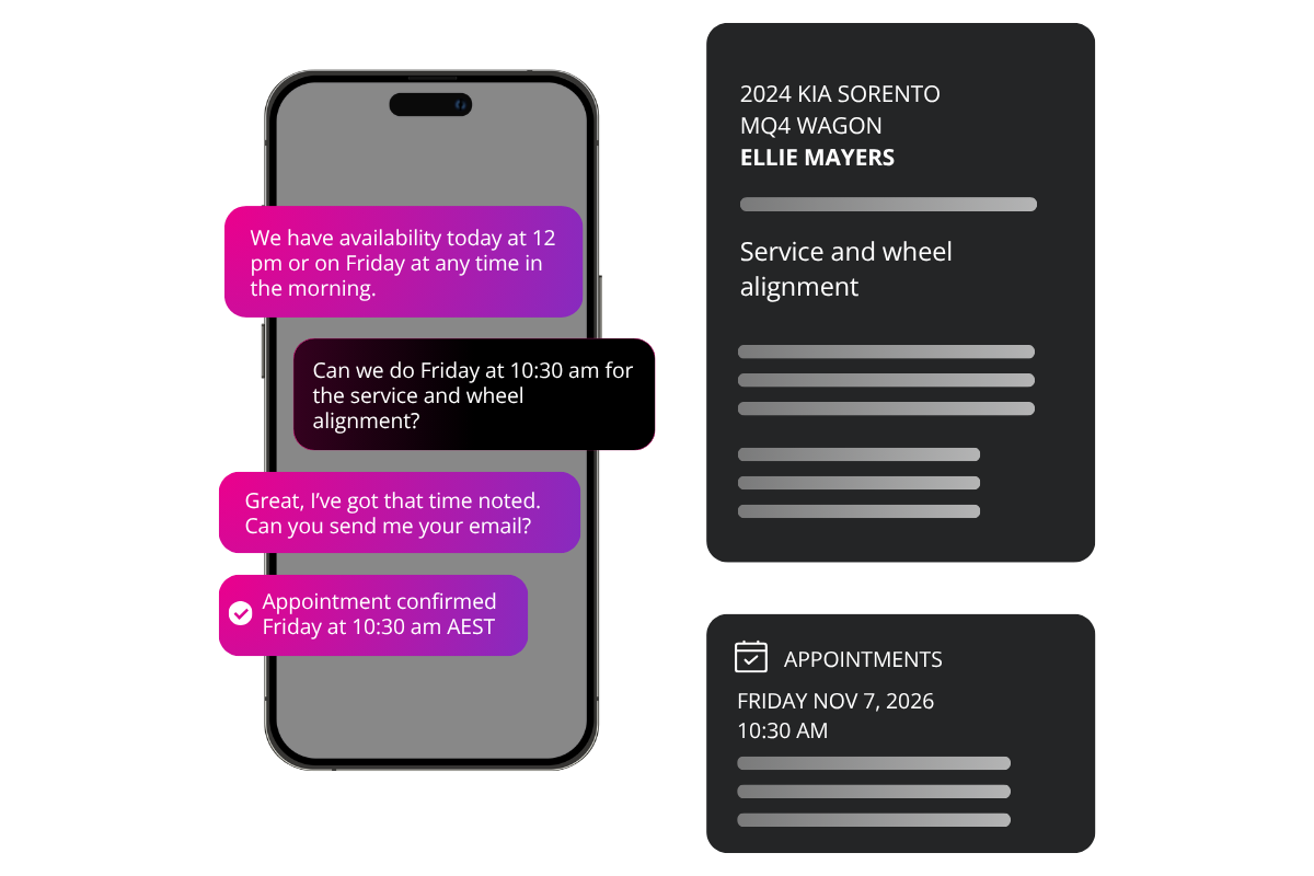 ServiceIQ AI messaging conversation confirming a service appointment, with customer, vehicle and appointment details