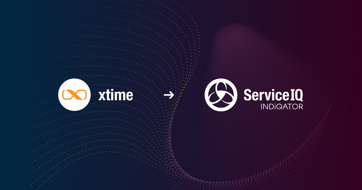 Xtime logo with an arrow pointing to the new ServiceIQ by Indiqator logo
