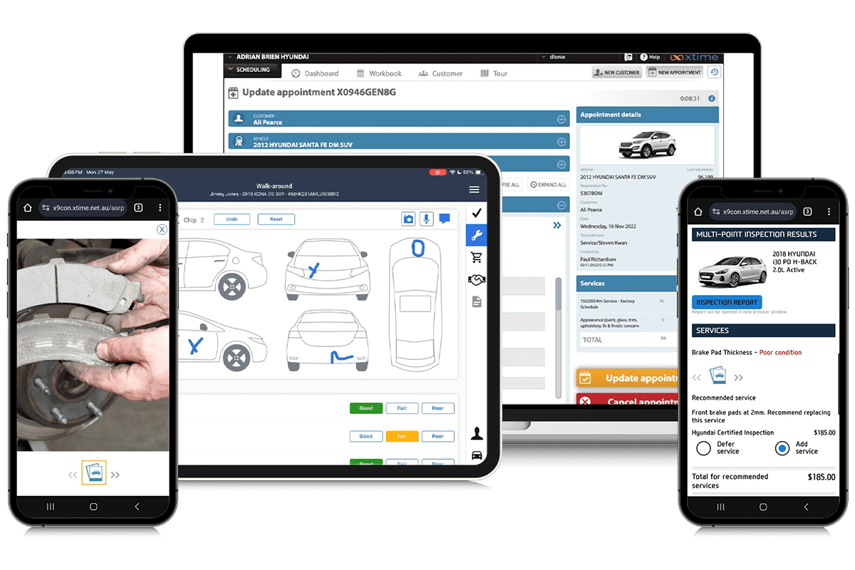 Xtime appointment scheduling, tablet vehicle walk-around and mobile multi-point inspection results