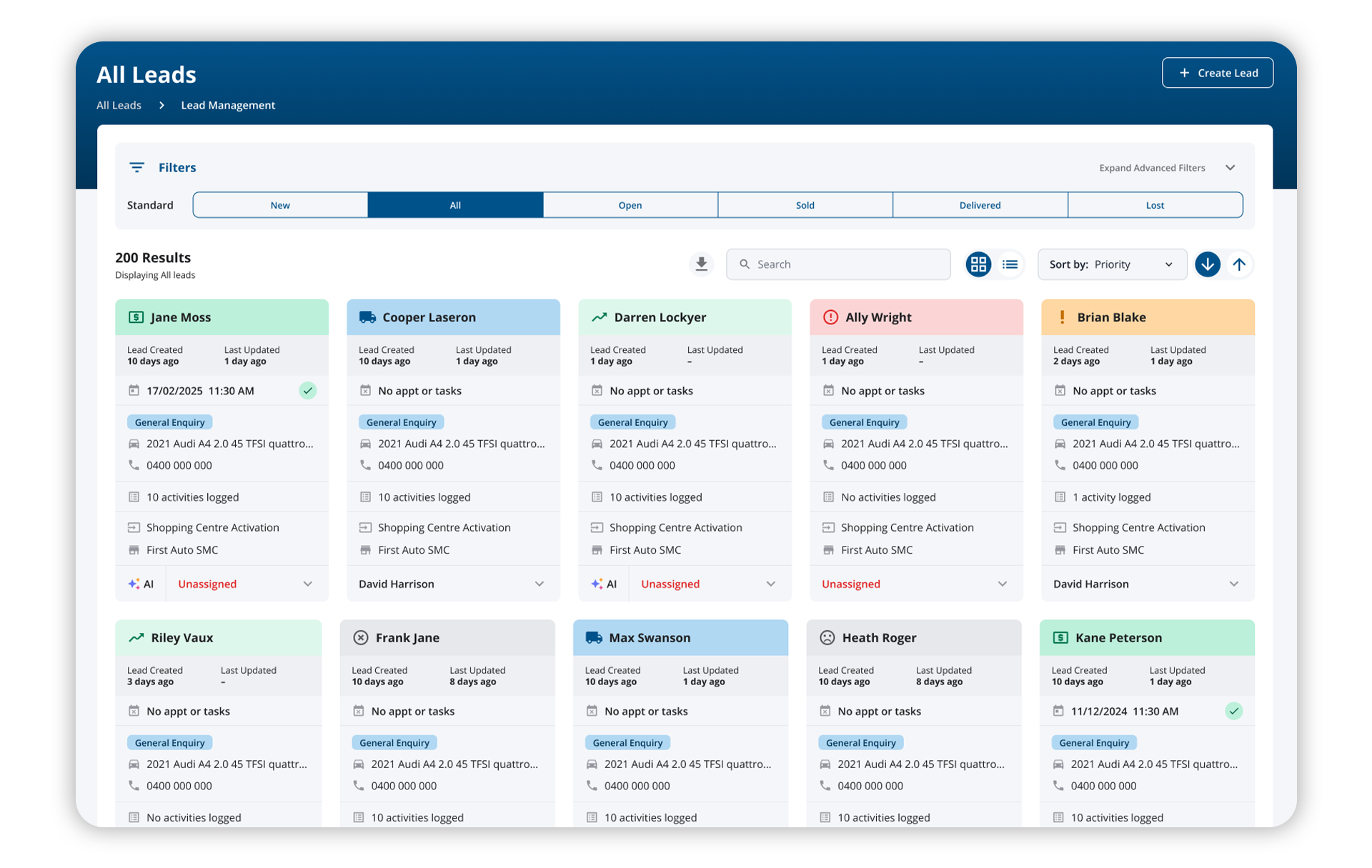 LeadDriver All Leads board showing lead cards with created and updated times, enquiry type, vehicle of interest, logged activities and assigned salesperson