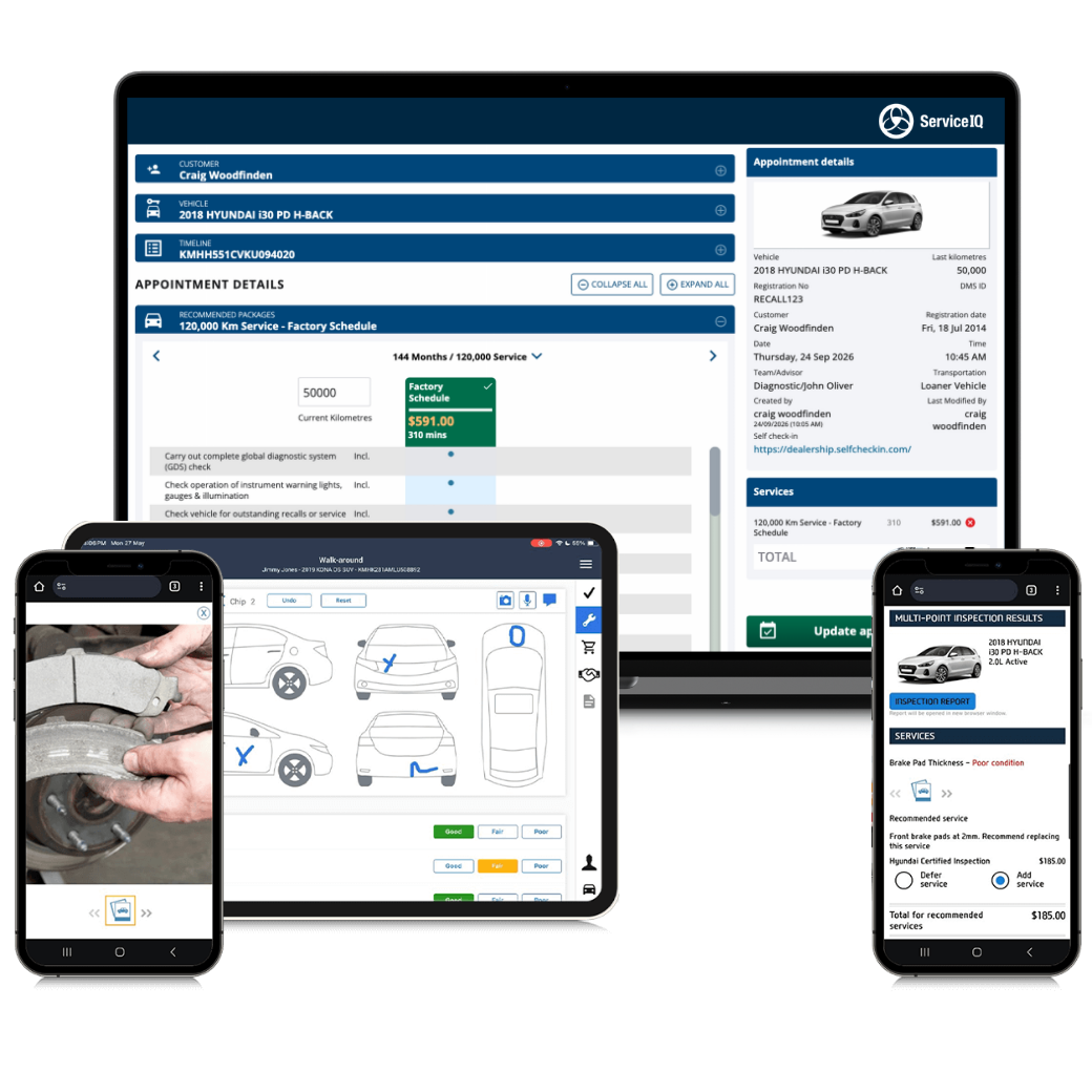 ServiceIQ check-in across devices: scheduling on a laptop, tablet walkaround, photo capture and multi-point inspection results on a phone