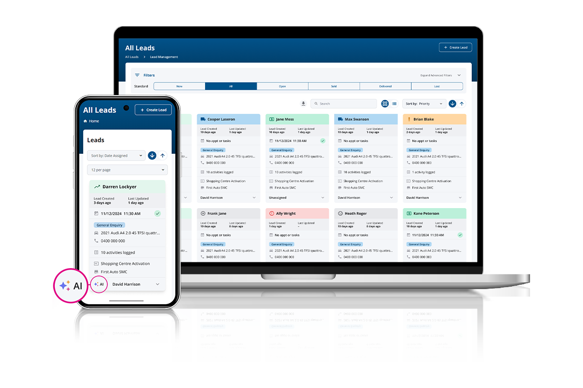 LeadDriver all-leads pipeline on desktop and mobile, with AI responding to enquiries within two minutes