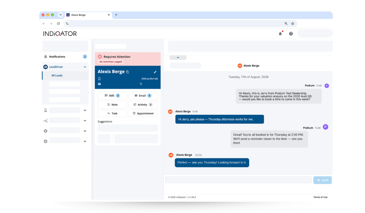LeadDriver lead showing a Jerry AI conversation that books a customer appointment
