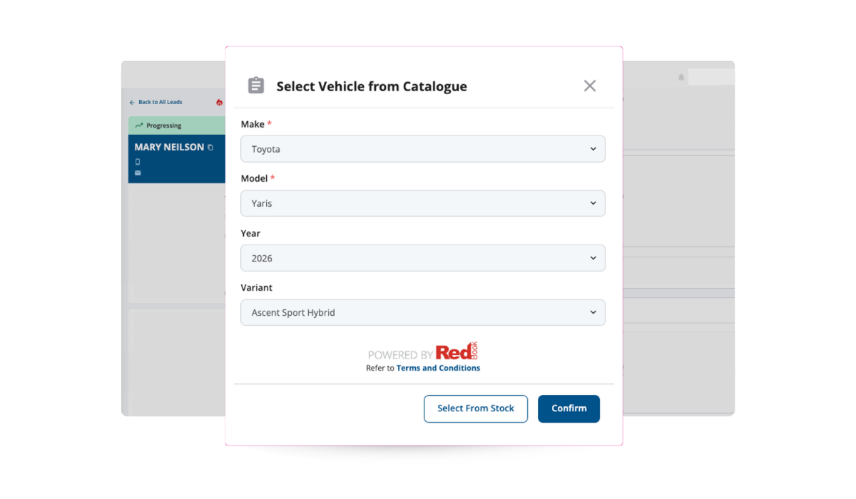 LeadDriver Select Vehicle from Catalogue window powered by RedBook