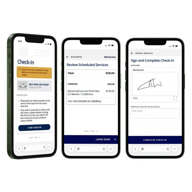 Xtime Dealership service scheduling software showing mobile service home check-in, scheduled service review, and digital signature completion on smartphones