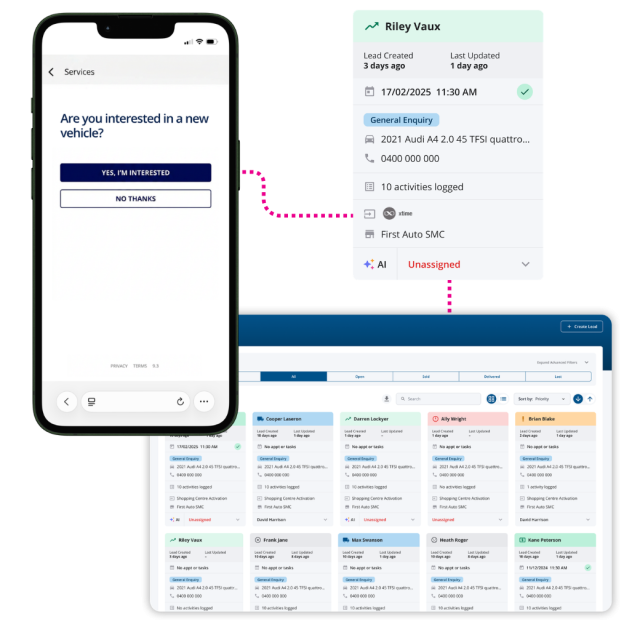 Dealership service scheduling software showing mobile customer enquiry capture connected to an AI-powered dealership management dashboard