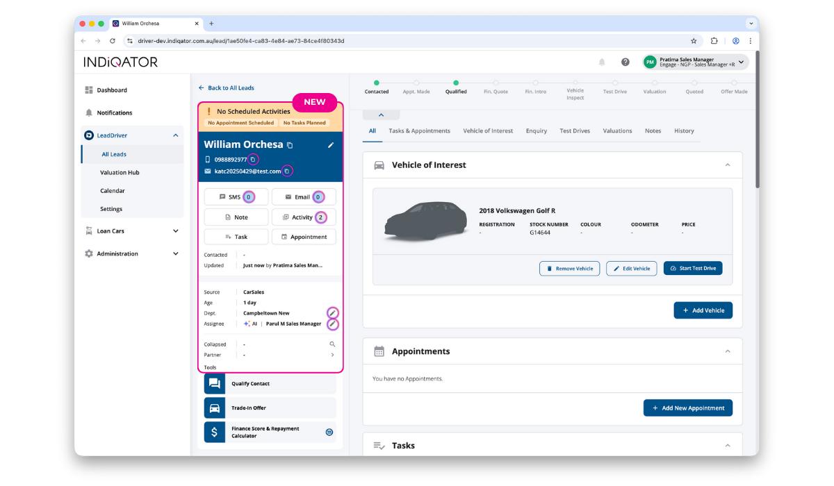 LeadDriver AI lead management system by Indiqator showing improved lead detail interface with grouped action buttons, priority tags, quick shortcuts, and instant copy features.