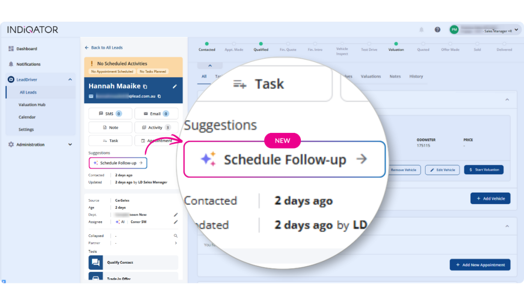 LeadDriver Suggested Actions interface showing an automated recommendation to Schedule Follow-up for automotive dealership leads.