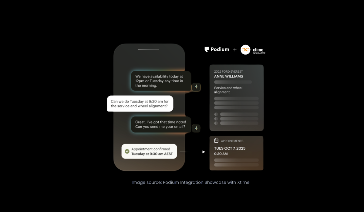 Illustration of an AI-driven service booking workflow showing a smartphone conversation confirming a vehicle service appointment, alongside Xtime interface panels displaying service details and a scheduled appointment