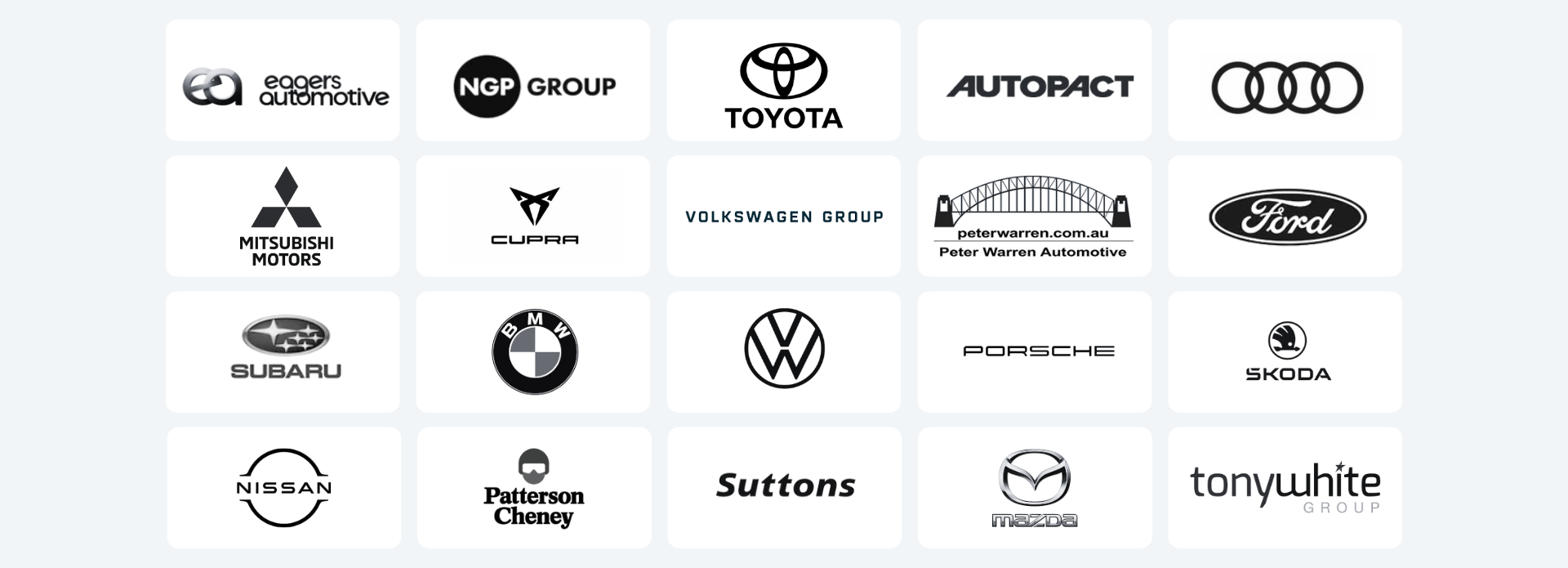 Eagers Automotive dealer group logo, NGP Group dealer network logo, Toyota automotive OEM logo, Autopact dealer group logo, Audi automotive OEM logo, Mitsubishi Motors OEM logo, Cupra automotive OEM logo, Volkswagen Group OEM logo, Peter Warren Automotive dealer group logo, Ford automotive OEM logo, Subaru automotive OEM logo, BMW automotive OEM logo, Volkswagen automotive OEM logo, Porsche automotive OEM logo, Skoda automotive OEM logo, Nissan automotive OEM logo, Paterson Cheney dealer group logo, Suttons dealer group logo, Mazda automotive OEM logo, Tony White Group dealer network logo