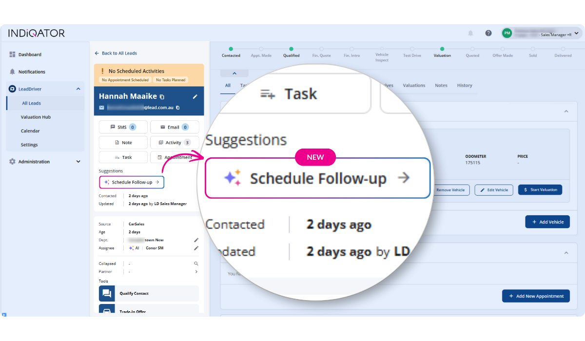 LeadDriver Suggested Actions interface showing an automated recommendation to “Schedule Follow‑up” for automotive dealership leads.