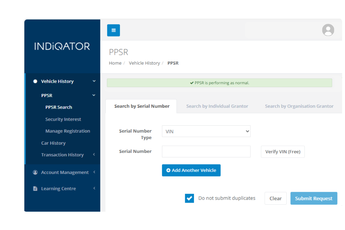 PPSR search screen within automotive inventory aggregation software showing VIN entry and vehicle history checks in the Indiqator dashboard.