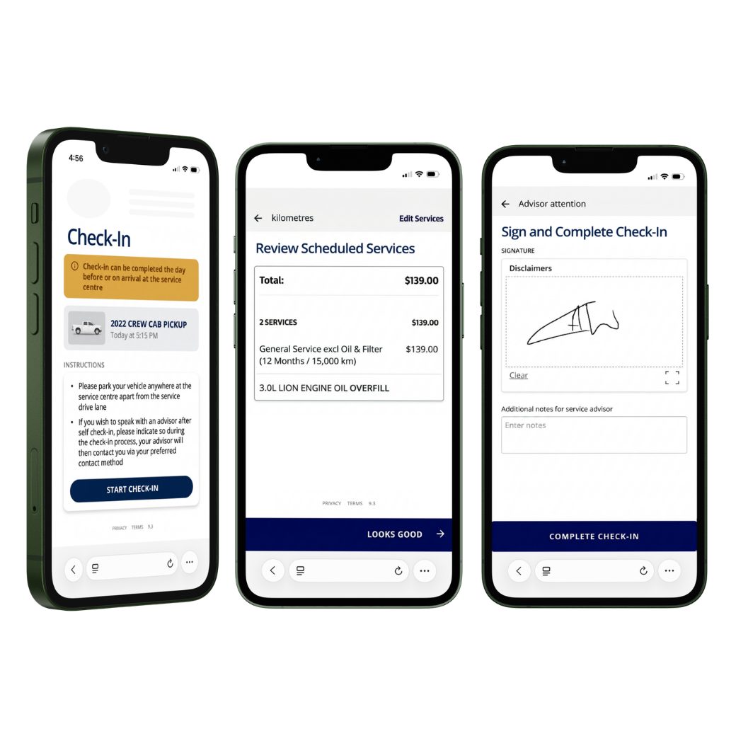 Xtime Dealership service scheduling software showing mobile service home check-in, scheduled service review, and digital signature completion on smartphones