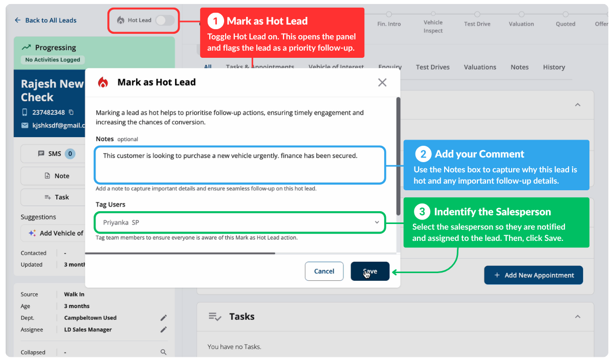 LeadDriver Hot Leads flagging a high-intent enquiry in the lead list