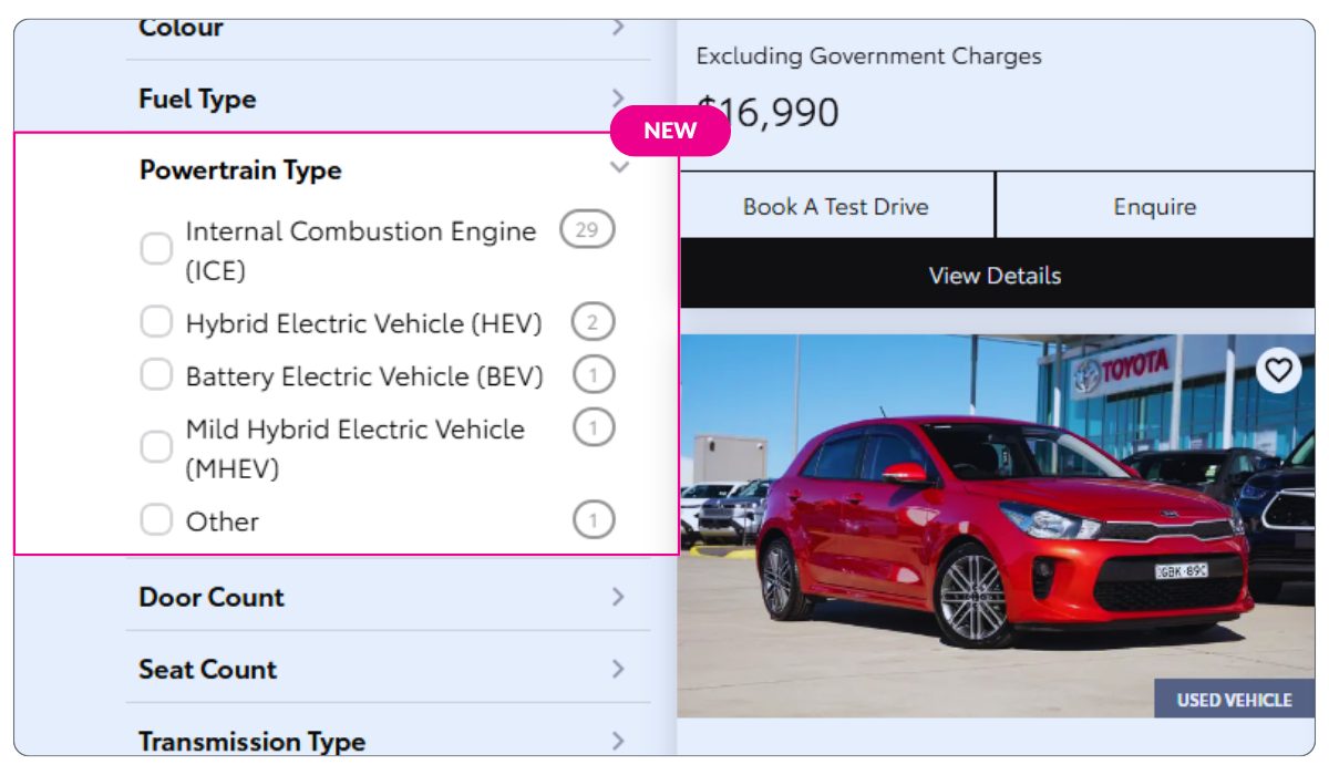 Radius website search results filtered by powertrain — petrol, diesel, hybrid and electric