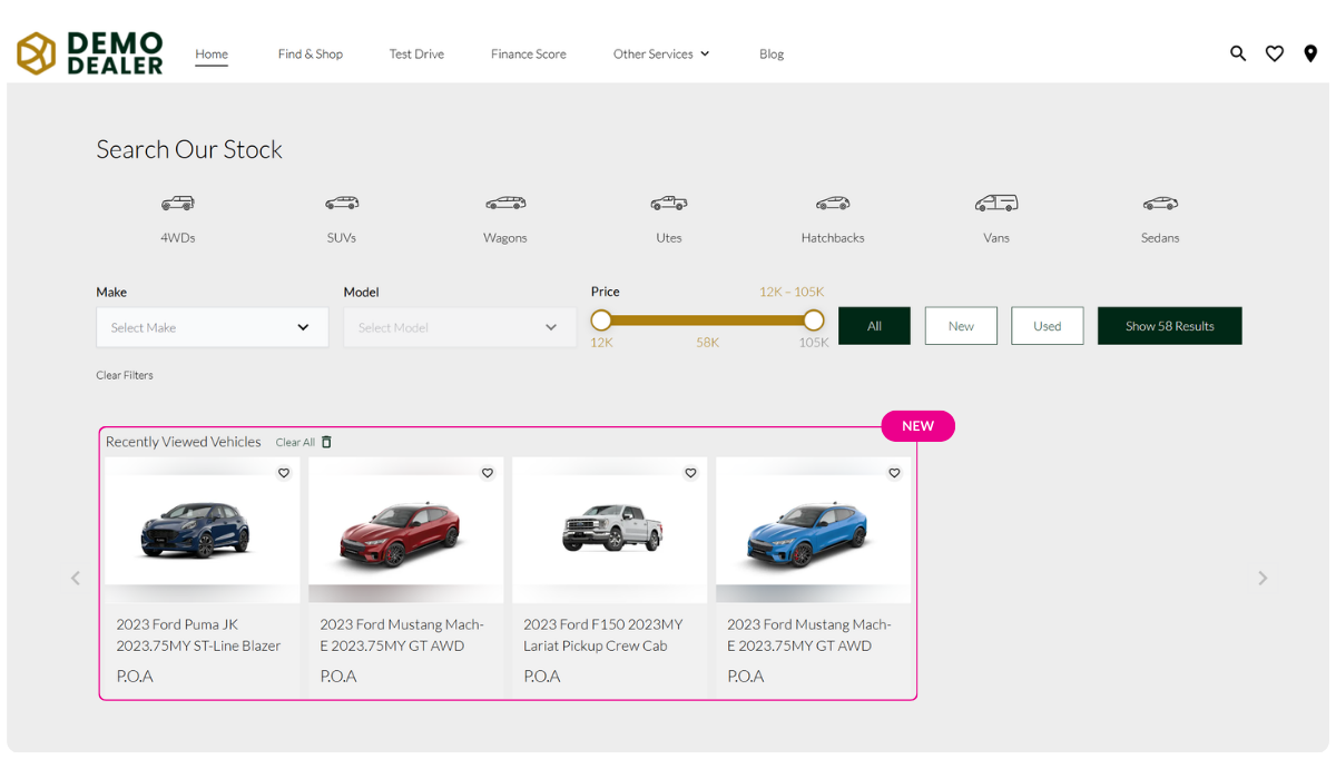 Radius website carousel showing vehicles a returning shopper viewed previously