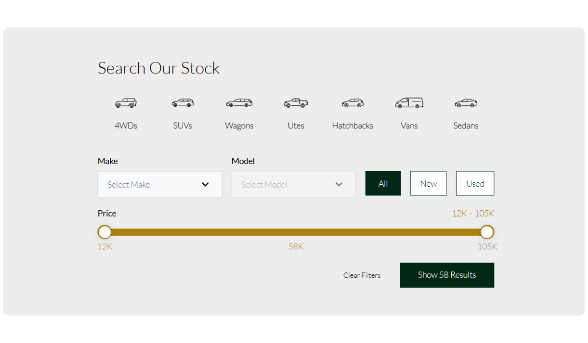 Radius website search blade simplified to make, model and price