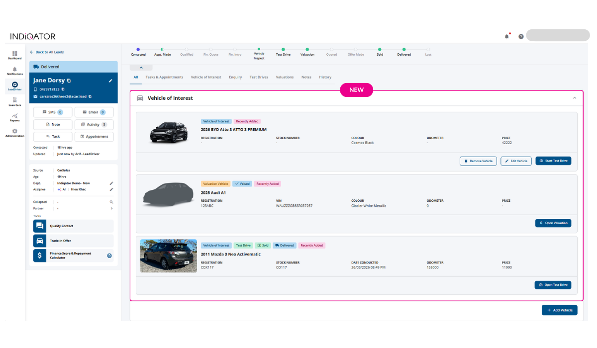LeadDriver Vehicle of Interest hub listing every vehicle attached to a lead